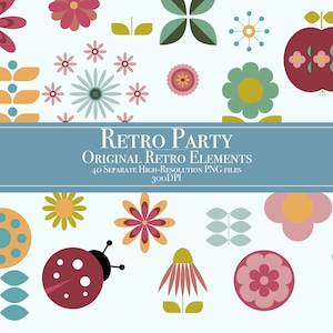 Retro Elemente Clipart Set, Happy Floral Clip Art Sammlung, niedlicher Aufkleber, Boho Partydekorationen Basteln Einladungen Junk Journal Vintage