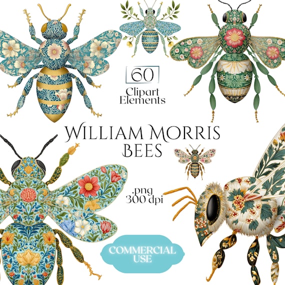 William Morris Bee Clipart, Arts & Crafts Bee PNG Graphics, Victorian Bee Illustrations (60 Files, Transparent Background)