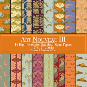 May include: A set of 16 digital papers featuring Art Nouveau style patterns. The patterns include floral designs, geometric shapes, and stylized animal figures. The papers are 12 inches by 12 inches and 300 dpi.