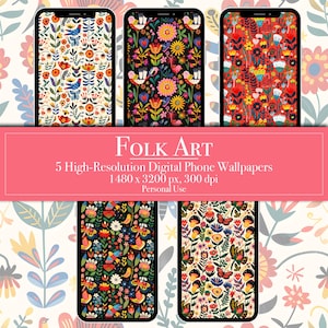Könnte beinhalten: Fünf digitale Handy-Hintergründe mit bunten Folk-Art-Mustern mit Blumen, Vögeln und Schmetterlingen. Die Muster sind auf einem schwarzen, weißen und roten Hintergrund. Der Text "FOLK ART" befindet sich oben im Bild.