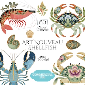 Op de afbeelding: Art Nouveau schelpdier clipart elementen. De afbeelding toont een rode garnaal, krabben, een kreeft en schelpen. De krabben en kreeft zijn blauw en groen met bloemmotieven. De tekst "ART NOUVEAU SHELLFISH" wordt weergegeven.