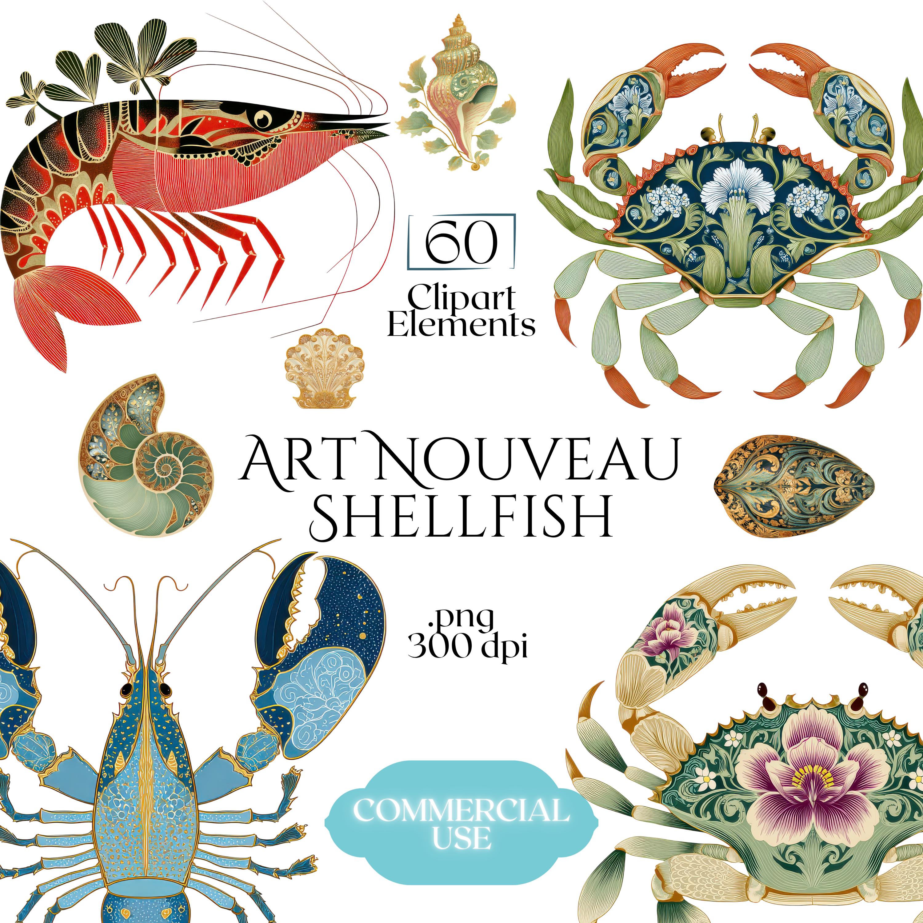 Art Nouveau Shellfish Clipart, Modern Lobster PNG Graphics, Botanical ...