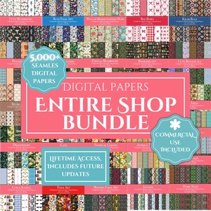 Pu&ograve; includere: Una collezione di carte digitali con vari modelli e design, tra cui motivi floreali, geometrici e astratti. L'immagine presenta il testo "Digital Papers Entire Shop Bundle" e "5,000+ Seamless Digital Papers". L'uso commerciale &egrave; incluso.