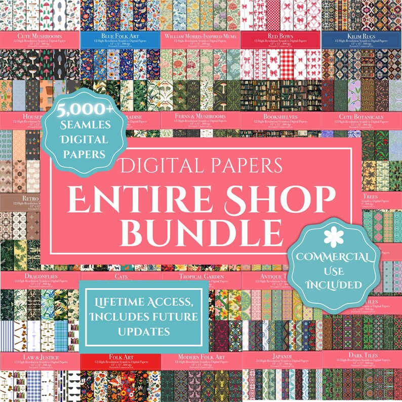 Pu&ograve; includere: Una collezione di carte digitali con vari modelli e design, tra cui motivi floreali, geometrici e astratti. L'immagine presenta il testo "Digital Papers Entire Shop Bundle" e "5,000+ Seamless Digital Papers". L'uso commerciale &egrave; incluso.