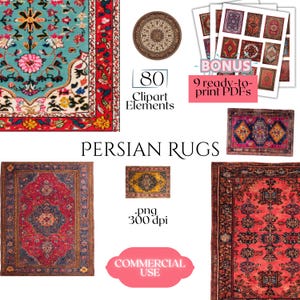 May include: A collection of Persian rug clipart elements in various sizes and designs. The image includes a variety of rug styles, including round and rectangular shapes, with intricate patterns and vibrant colors. The image also includes the text "PERSIAN RUGS".