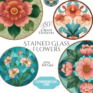 May include: A collection of stained glass flower clipart elements. The designs feature various floral arrangements in circular frames with teal, peach, and green hues. Text includes "60 Clipart Elements", "STAINED GLASS FLOWERS", and "COMMERCIAL USE".