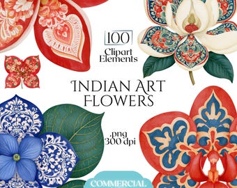 Puede incluir: Una colección digital de 100 elementos de arte floral indio en formato .png a 300 dpi para uso comercial. La imagen muestra varias ilustraciones florales con intrincados patrones rojos, azules y blancos, incluyendo un pétalo rojo grande, una magnolia blanca, una hortensia azul y una orquídea roja.