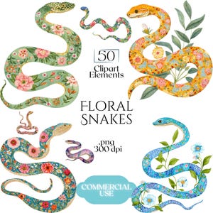 Könnte beinhalten: Eine Sammlung von 50 digitalen Clipart-Elementen mit Aquarellschlangen mit Blumenmustern in Grün, Gelb, Blau und Lila. Der Text lautet 50 Clipart Elements, FLORAL SNAKES, .png 300 dpi und COMMERCIAL USE. Es handelt sich um grafische Illustrationen.
