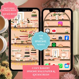 Fondo de pantalla acogedor para iPhone de pastelería, dúo a juego para pantalla de bloqueo y pantalla de inicio, tema de postres para teléfono, tema de pantalla de teléfono de pastelero, dulce teléfono