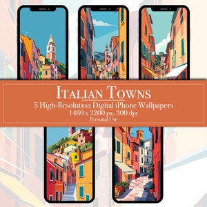 Könnte beinhalten: Fünf digitale Handy-Hintergrundbilder mit farbenfrohen italienischen Städten mit engen Gassen, Gebäuden und blauem Himmel. Der Text "ITALIAN TOWNS" befindet sich oben im Bild.
