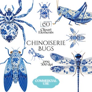 Chinoiserie-insekter Clipart, Delft-insekt PNG-grafik, blå och vita bi-bagge-trollsländeillustrationer (60 filer, transparent bakgrund)