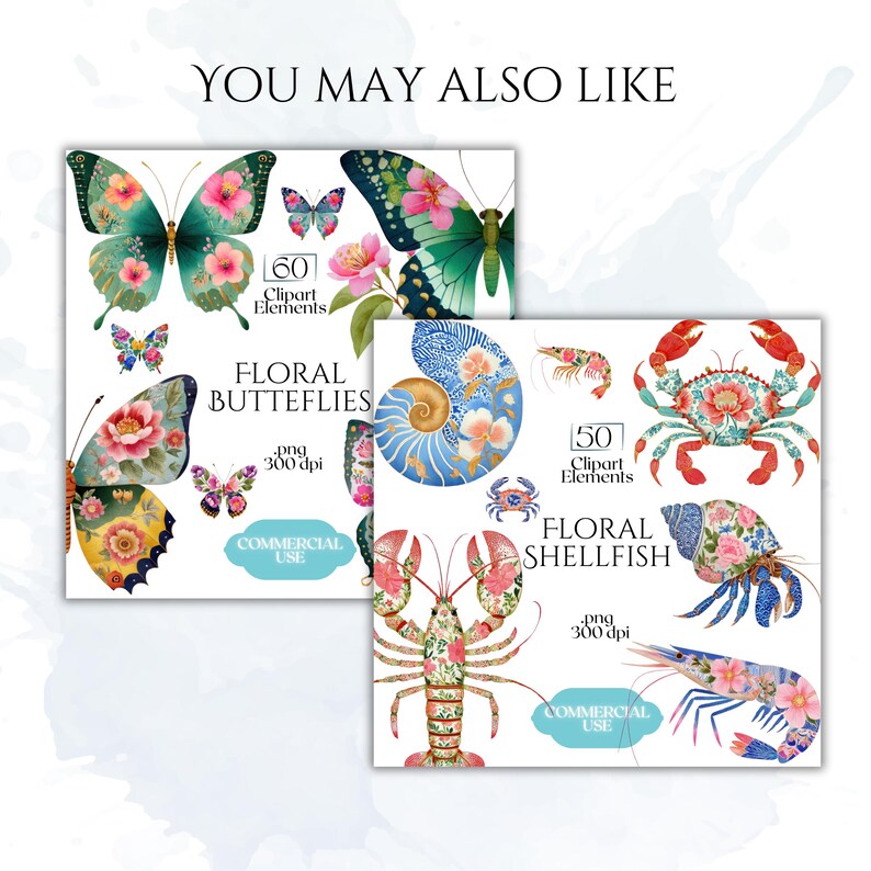 May include: Two digital art sets with floral designs. One set features butterflies with pink and teal wings, and the other showcases shellfish with floral patterns. Each set includes multiple elements for commercial use.