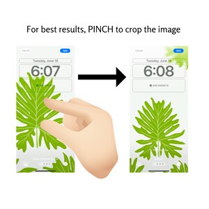 May include: A hand pinches the screen of a smartphone to zoom in on a green leaf wallpaper. The phone's screen displays the time, "6:07", and the date, "Tuesday, June 18". The phone also has a button that says "Add Widgets".