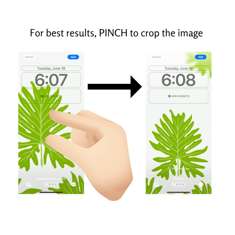 May include: A hand pinches the screen of a smartphone to zoom in on a green leaf wallpaper. The phone's screen displays the time, "6:07", and the date, "Tuesday, June 18". The phone also has a button that says "Add Widgets".