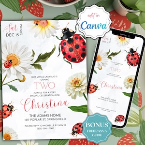 May include: A ladybug-themed birthday invitation with the text "Our Little Ladybug is Turning Two" and "Christina". The design includes ladybug illustrations, daisies, and the words "Edit in Canva" and "Bonus Free Canva Guide".