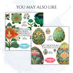 May include: Two digital art sets are displayed. One features William Morris-inspired flowers, and the other showcases Art Nouveau Easter eggs. Both sets include multiple floral and egg designs, with the text "Commercial Use."