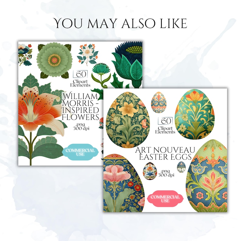 May include: Two digital art sets are displayed. One features William Morris-inspired flowers, and the other showcases Art Nouveau Easter eggs. Both sets include multiple floral and egg designs, with the text "Commercial Use."