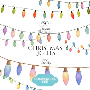 Könnte beinhalten: Aquarell-Illustration von Weihnachtslichtern in verschiedenen Farben, darunter Grün, Orange, Rosa und Blau. Das Bild enthält den Text "Christmas Lights" und "Commercial Use".
