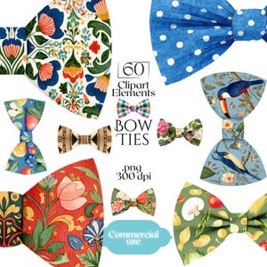 May include: A collection of bow ties with various patterns and designs. The bow ties feature floral, fruit, and geometric patterns, as well as a blue polka dot design. Text on the image reads "60 Clipart Elements BOW TIES .png 300 dpi Commercial use."
