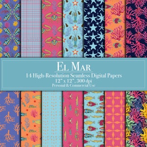 Papiers numériques El Mar Ocean, motif sans couture original de la vie aquatique, papier de scrapbooking de plage usage commercial téléchargement immédiat lot de journaux indésirables