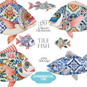 タイルフィッシュのクリップアート、水彩地中海模様の魚のPNG画像、アズレージョフィッシュのイラスト（60ファイル、透明背景）