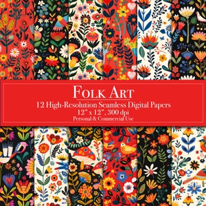 Papel digital de arte popular escandinava, papel de scrapbook digital sem costura, planejador de uso comercial, fundos de diário de lixo, cartão para impressão DIY