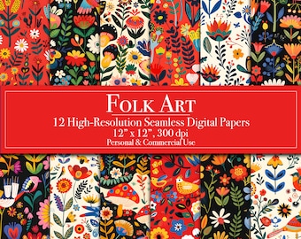 Carta digitale Scandi Folk Art, carta per scrapbooking digitale senza soluzione di continuità, uso commerciale per planner, sfondi per diari spazzatura, creazione di biglietti stampabili fai da te