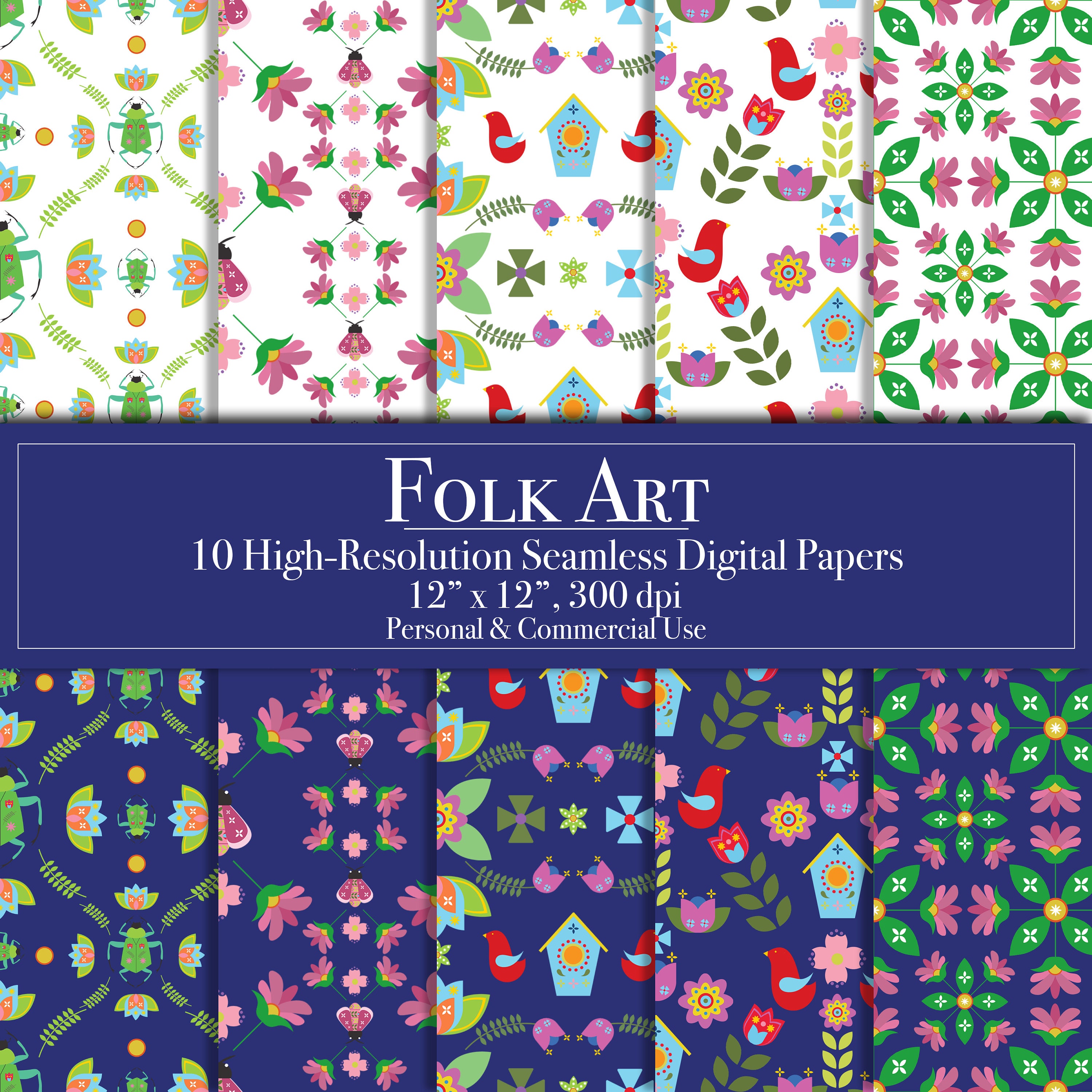 Folk Art Digital Paper, Seamless Digital Scrapbook Paper, Planner ...
