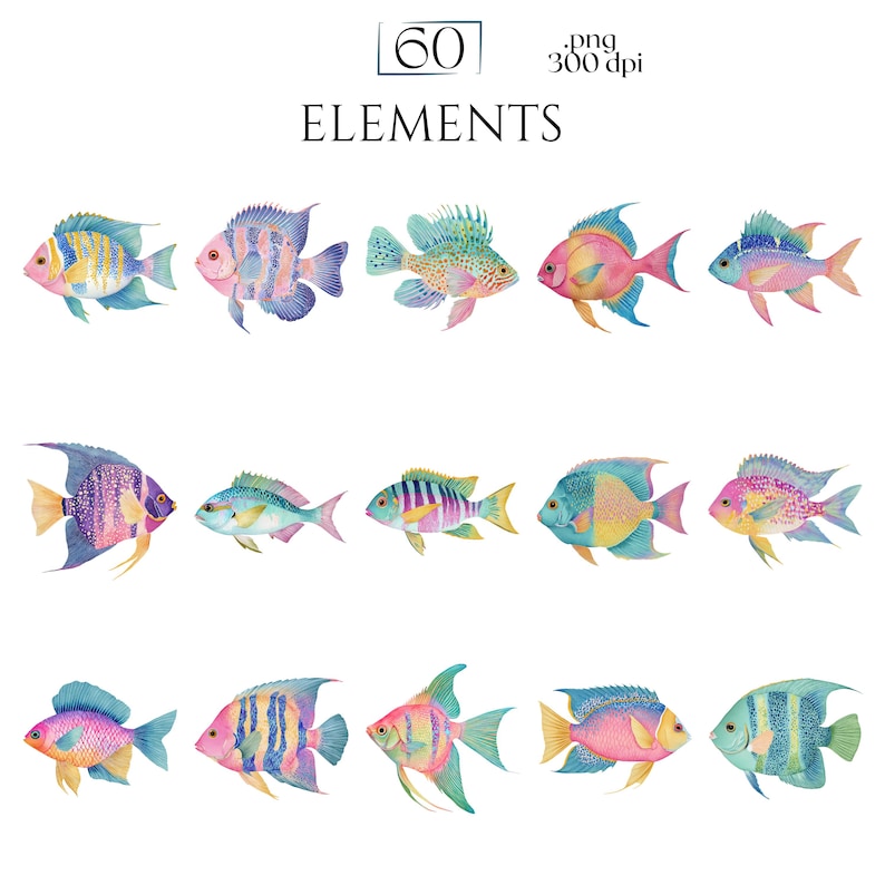 Pastel Fish Clipart, Delicate Coastal PNG Graphics, Tropical Fish Illustrations (60 Files, Transparent Background)