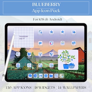 May include: A digital tablet displaying a "Blueberry App Icon Pack" with app icons, widgets, and wallpapers. The screen shows a landscape scene with a house, fields, and a blueberry plant illustration. Includes the text "For iOS & Androidt".