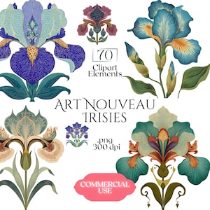 Puede incluir: Ilustración digital de flores de iris de estilo Art Nouveau en varios colores, incluyendo azul, turquesa y morado. La imagen incluye el texto "Art Nouveau Irises", "70 Clipart Elements" y "Commercial Use".