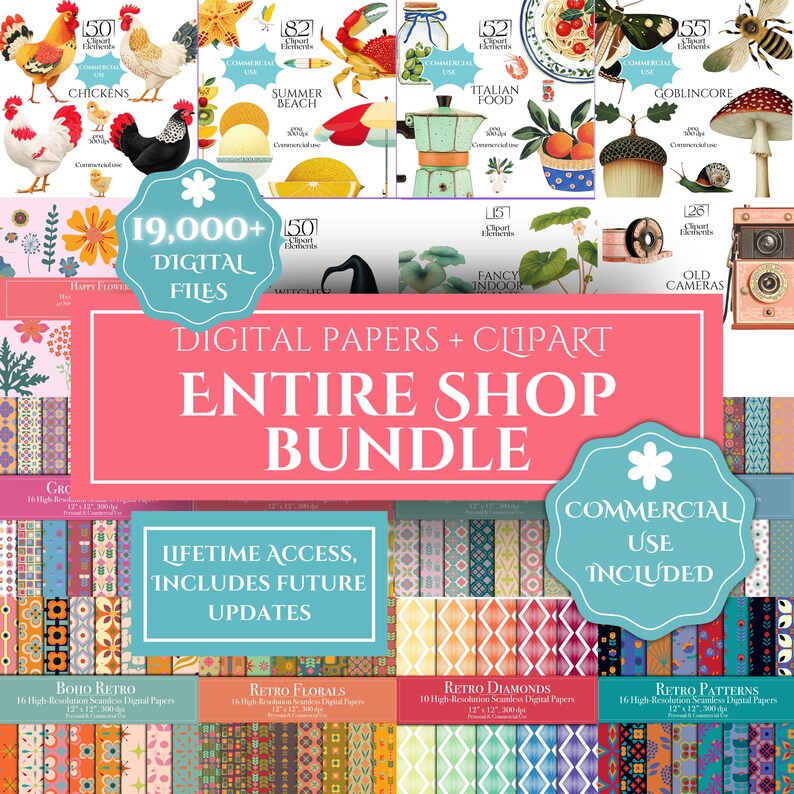 Pu&ograve; includere: Un pacchetto di arte digitale con la scritta "ENTIRE SHOP BUNDLE" in rosa. L'immagine include varie carte digitali, clipart e la scritta "19,000+ DIGITAL FILES". Il pacchetto include l'uso commerciale e l'accesso a vita.