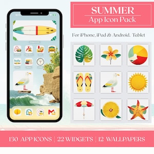 May include: A digital product featuring a summer-themed app icon pack. The pack includes 130 app icons, 22 widgets, and 12 wallpapers. The icons have a beach theme, with images of a surfboard, a seagull, and a sun. The pack is for iPhone, iPad, and Android tablets.