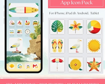 Summer App Icons for iPhone + Android, Beach Aesthetic Icon Pack, Cute Widgets iPad + Tablet, Summer Wallpapers, iOS Home Screen Theme Kit