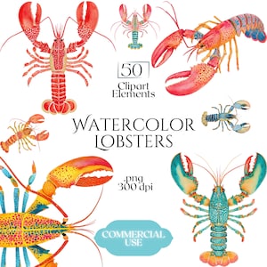 May include: A collection of watercolor lobster illustrations featuring various red, orange, and teal color schemes. The text reads 50 Clipart Elements, WATERCOLOR LOBSTERS, .png 300 dpi, and COMMERCIAL USE. These detailed crustacean graphics are displayed.