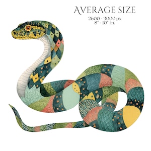 Watercolor Snakes Clipart, Colorful Snake Illustrations, Reptile PNG Elements for Crafts, Serpent Graphics for Classroom Decor, Junk Journal