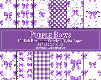 Purple Bows Digital Papers, Preppy Seamless Pattern, Coquette Ribbons Scrapbook Paper Commercial Use, Instant Download Junk Journal, Crafts