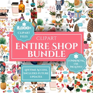 Puede incluir: Una colecci&oacute;n de archivos de im&aacute;genes predise&ntilde;adas digitales, que incluyen orqu&iacute;deas en acuarela, plantas tropicales, mariposas y animales. La imagen presenta el texto "CLIPART ENTIRE SHOP BUNDLE" y "COMMERCIAL USE INCLUDED".