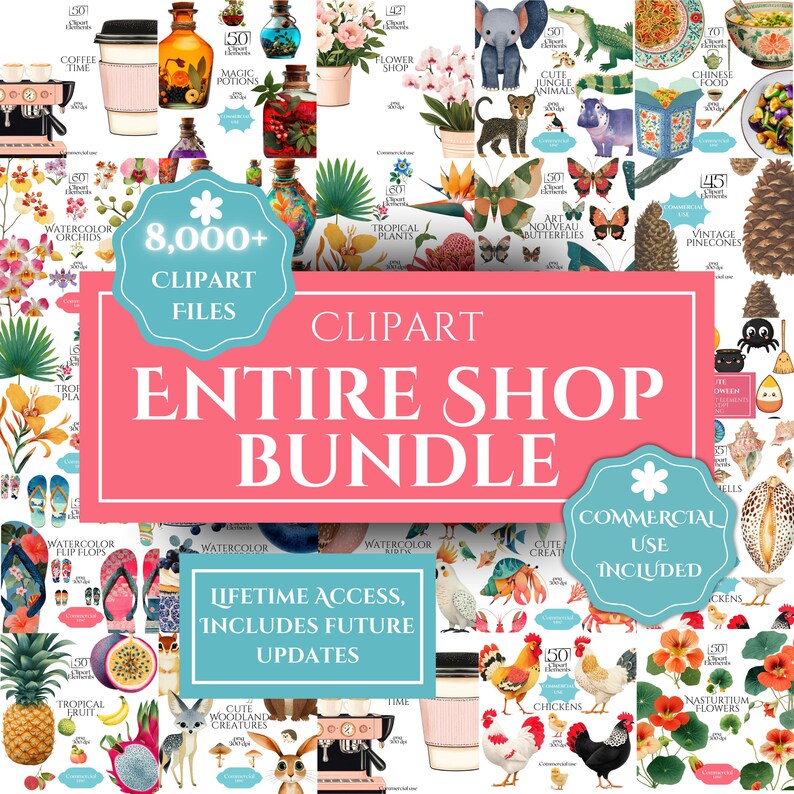 Puede incluir: Una colecci&oacute;n de archivos de im&aacute;genes predise&ntilde;adas digitales, que incluyen orqu&iacute;deas en acuarela, plantas tropicales, mariposas y animales. La imagen presenta el texto "CLIPART ENTIRE SHOP BUNDLE" y "COMMERCIAL USE INCLUDED".