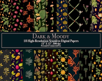 Dark & Moody Botanical Digital Paper, Seamless Pattern, Scrapbook Paper, Junk Journal, Invitations, Commercial Use, Instant Download, Floral