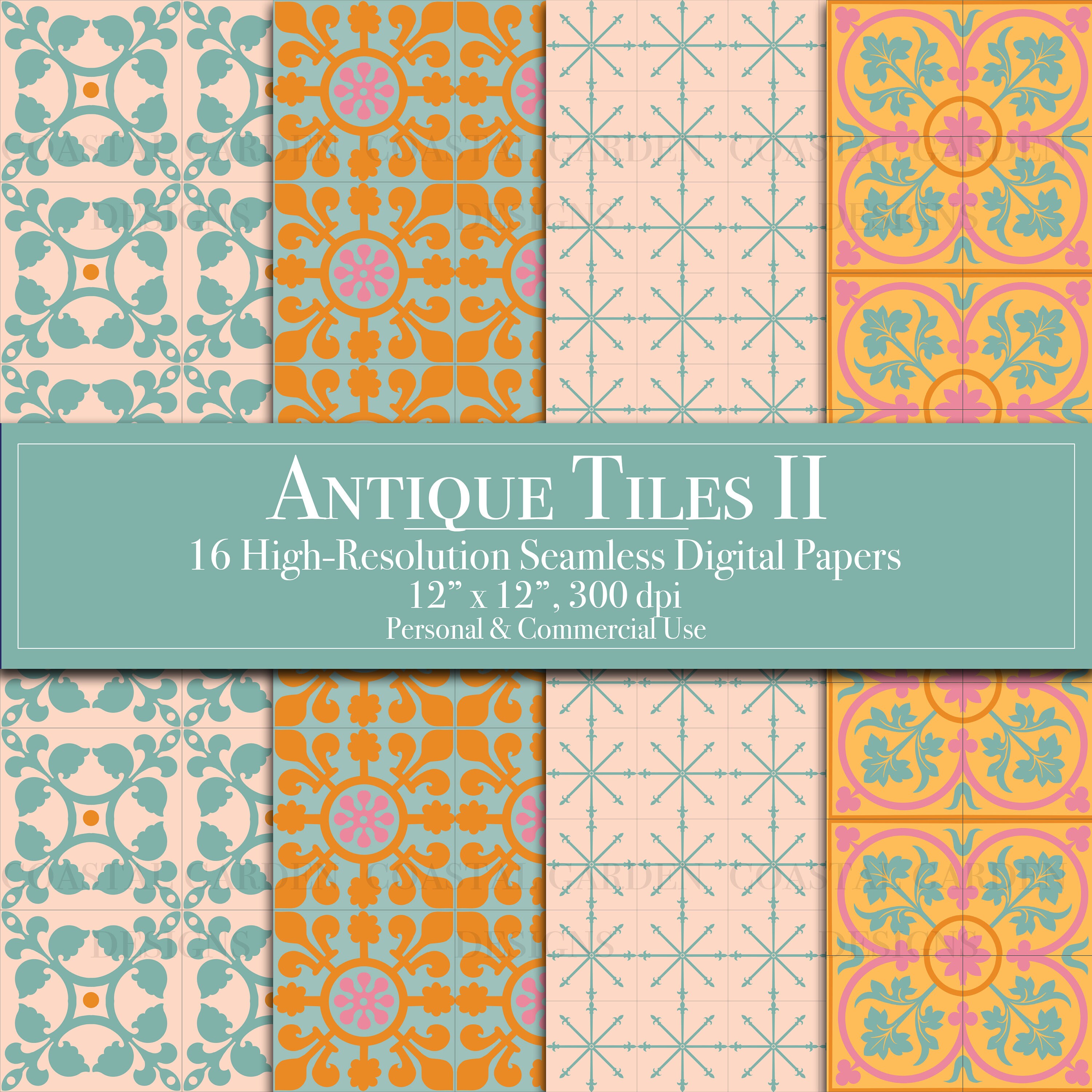 Antique Tiles Digital Paper Bundle, Seamless Patterns, Scrapbook Paper ...