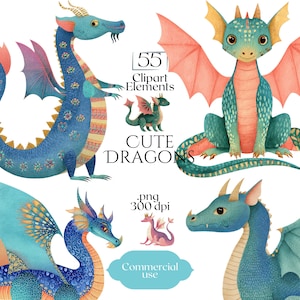 Cute Dragons Clipart Bundle, Fantasy Dragon PNG Illustrations, Magical Mythical Creature Graphics, Commercial Use Dragon Clip Art Set