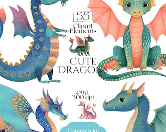 Cute Dragons Clipart Bundle, Fantasy Dragon PNG Illustrations, Magical Mythical Creature Graphics, Commercial Use Dragon Clip Art Set