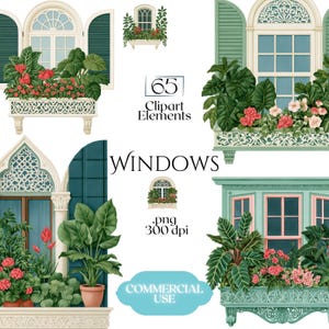Puede incluir: Una colección de 65 elementos clipart digitales que presentan varios diseños de ventanas arquitectónicas con jardineras ornamentadas, follaje verde exuberante y flores rosas y rojas, etiquetados con el texto 65 Clipart Elements WINDOWS .png 300 dpi.