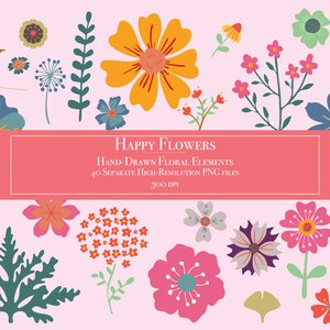 Blumen Clipart Set, Happy Floral Clip Art Sammlung, süße Aufkleber, helle Partydekoration, Basteln, Einladungen, Planer, Junk Journal