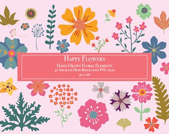Blumen Clipart Set, Happy Floral Clip Art Sammlung, süße Aufkleber, helle Partydekoration, Basteln, Einladungen, Planer, Junk Journal