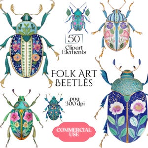 Folkkonst skalbaggar Clipart, blommig skalbagge PNG-illustrationer, dekorativ botanisk insektsgrafik (50 filer, transparent bakgrund)