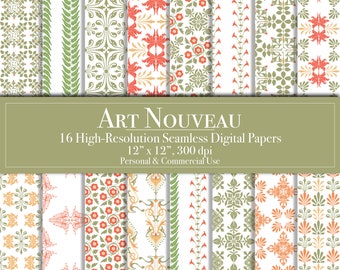 May include: A collection of 16 high-resolution digital papers with Art Nouveau designs. Each paper features a unique pattern in colors like green, orange, and white. The papers are 12 x 12 inches and suitable for personal and commercial use.