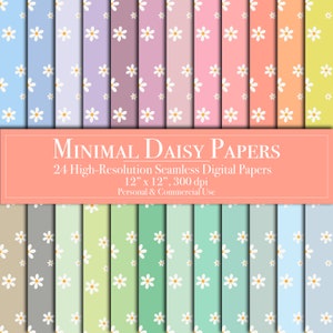 Minimal Pastel Daisies Digital Paper, Seamless Pattern, Scrapbook Paper Bundle, Commercial Use, Instant Download, Multicolor Rainbow Daisy