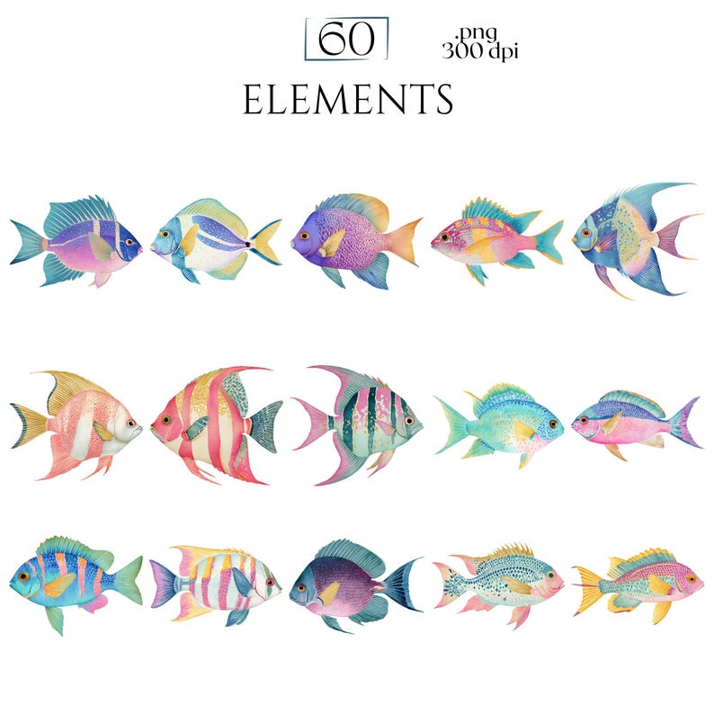 Pastel Fish Clipart, Delicate Coastal PNG Graphics, Tropical Fish Illustrations (60 Files, Transparent Background)